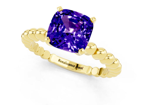 Yellow gold Cushion Cut Tanzanite Solitaire Ring with Beaded Band and Prong Setting_1