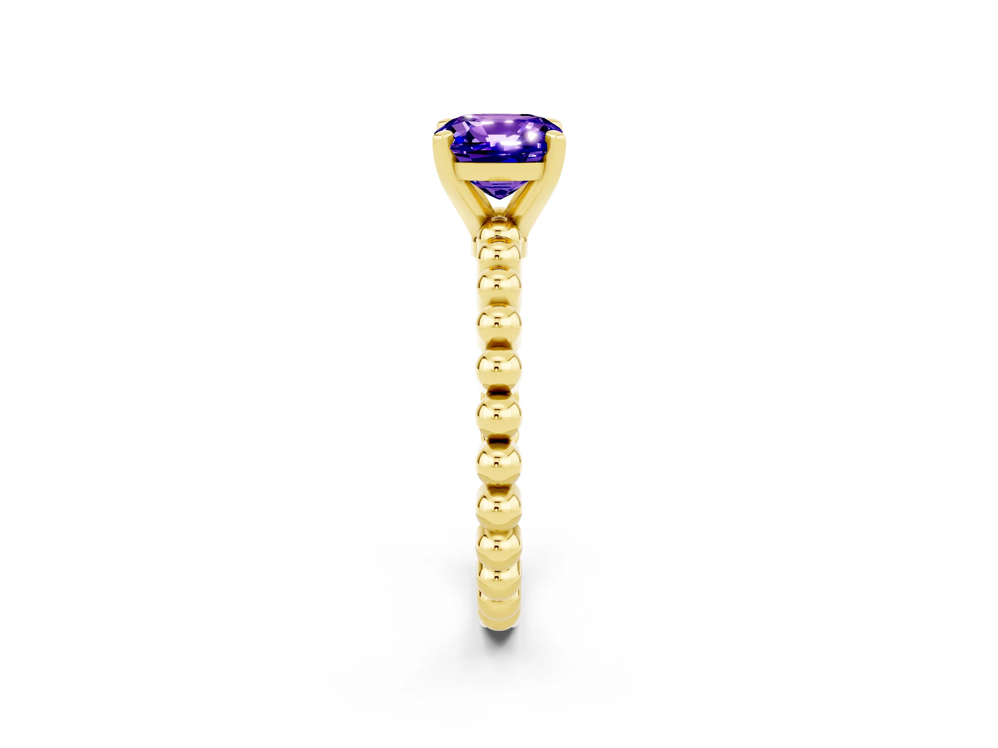 Yellow gold Cushion Cut Tanzanite Solitaire Ring with Beaded Band and Prong Setting_2