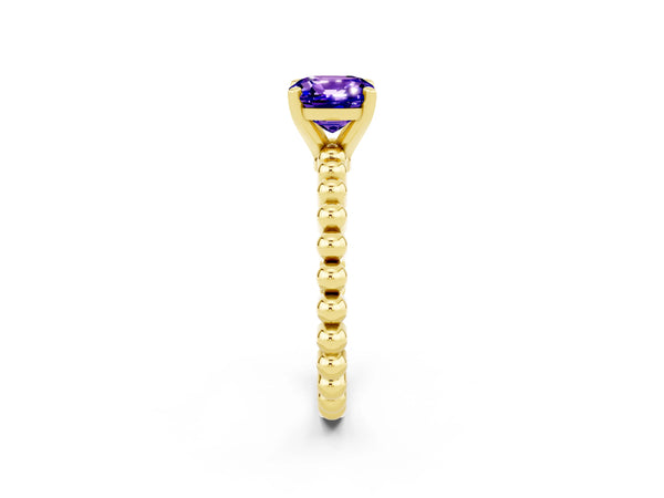 Yellow gold Cushion Cut Tanzanite Solitaire Ring with Beaded Band and Prong Setting