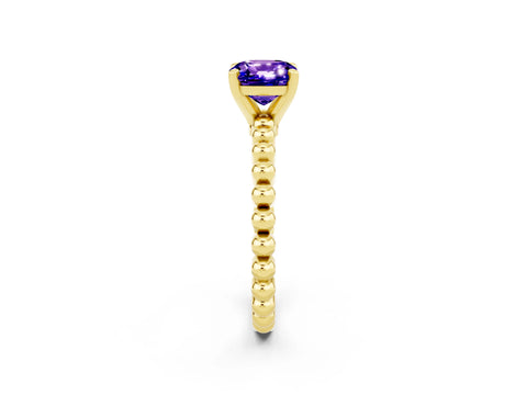 Yellow gold Cushion Cut Tanzanite Solitaire Ring with Beaded Band and Prong Setting_2