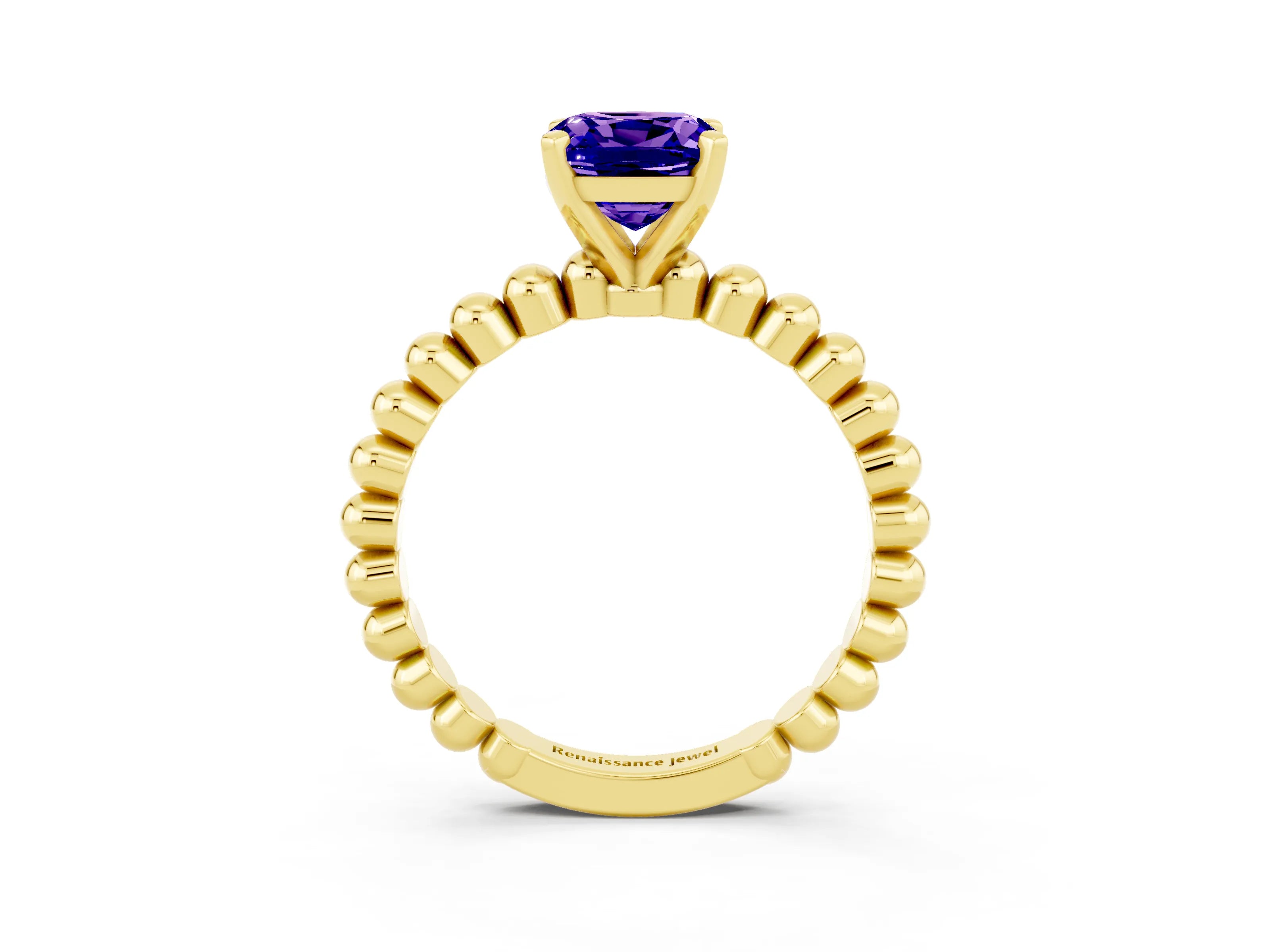 Yellow gold Cushion Cut Tanzanite Solitaire Ring with Beaded Band and Prong Setting_3