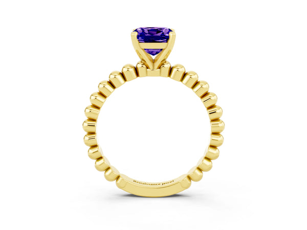Yellow gold Cushion Cut Tanzanite Solitaire Ring with Beaded Band and Prong Setting