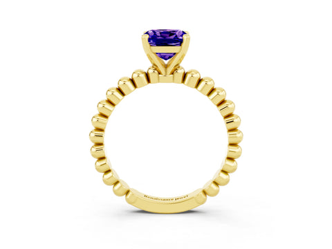 Yellow gold Cushion Cut Tanzanite Solitaire Ring with Beaded Band and Prong Setting_3