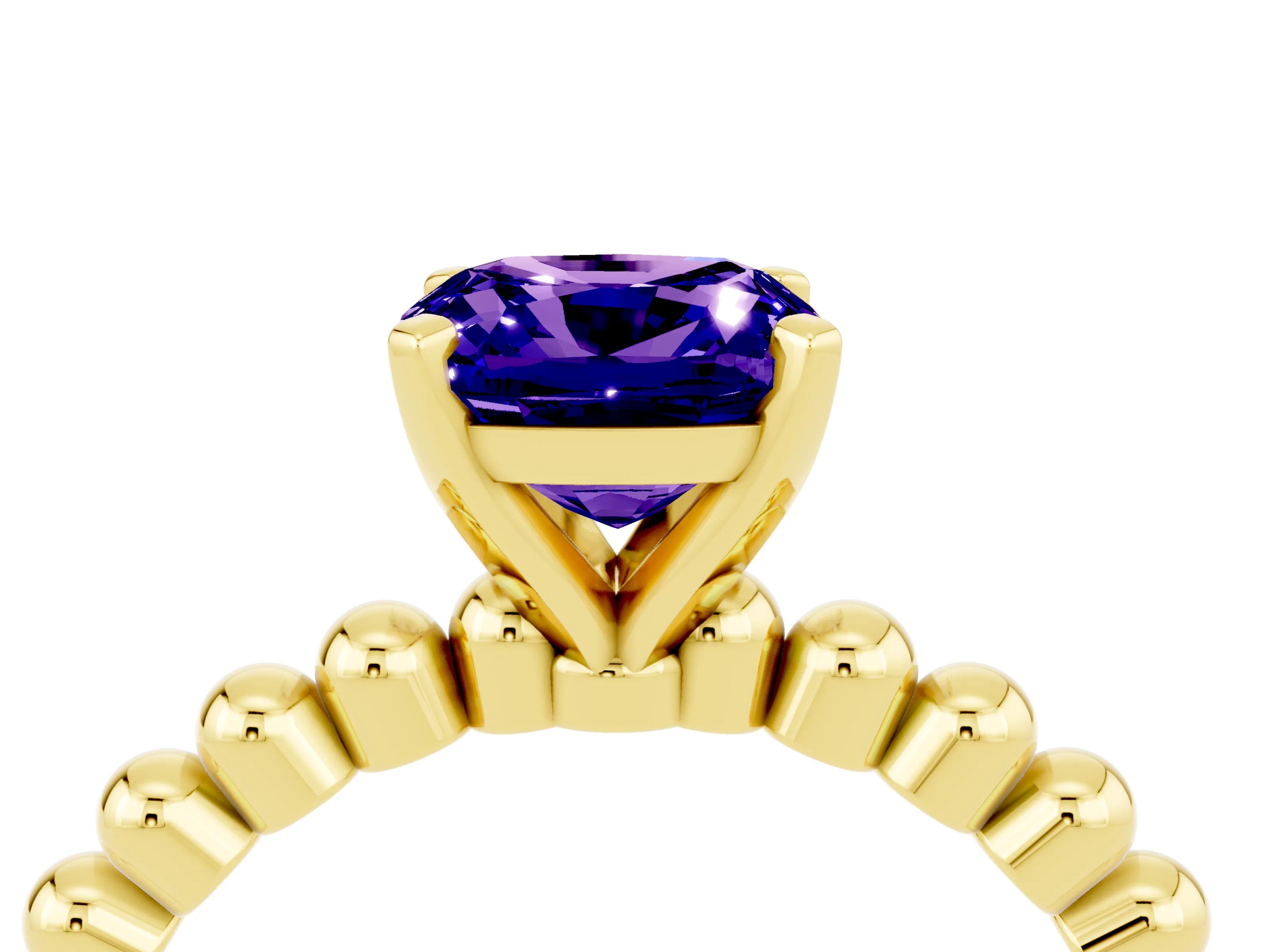 Yellow gold Cushion Cut Tanzanite Solitaire Ring with Beaded Band and Prong Setting_4