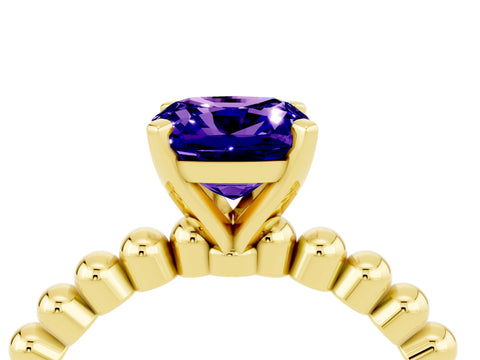 Yellow gold Cushion Cut Tanzanite Solitaire Ring with Beaded Band and Prong Setting_4