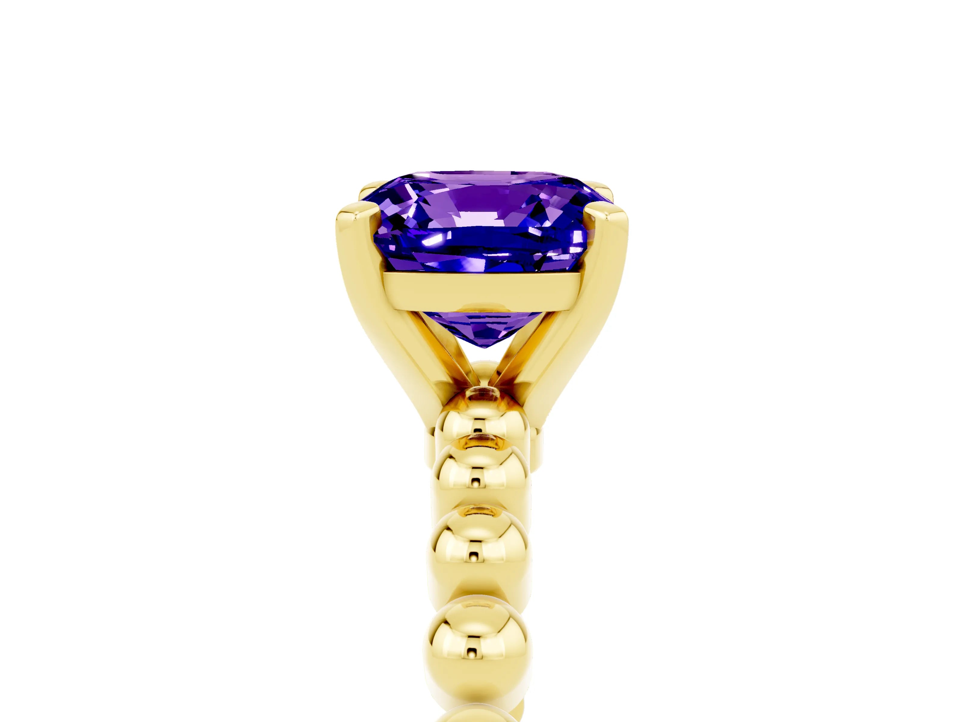 Yellow gold Cushion Cut Tanzanite Solitaire Ring with Beaded Band and Prong Setting_5