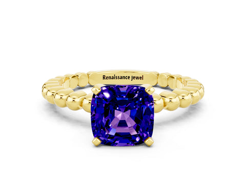 Yellow gold Cushion Cut Tanzanite Solitaire Ring with Beaded Band and Prong Setting