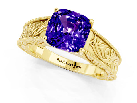 Yellow gold Cushion Cut Tanzanite Solitaire Ring with Engraved Band and Four-Prong Setting_1