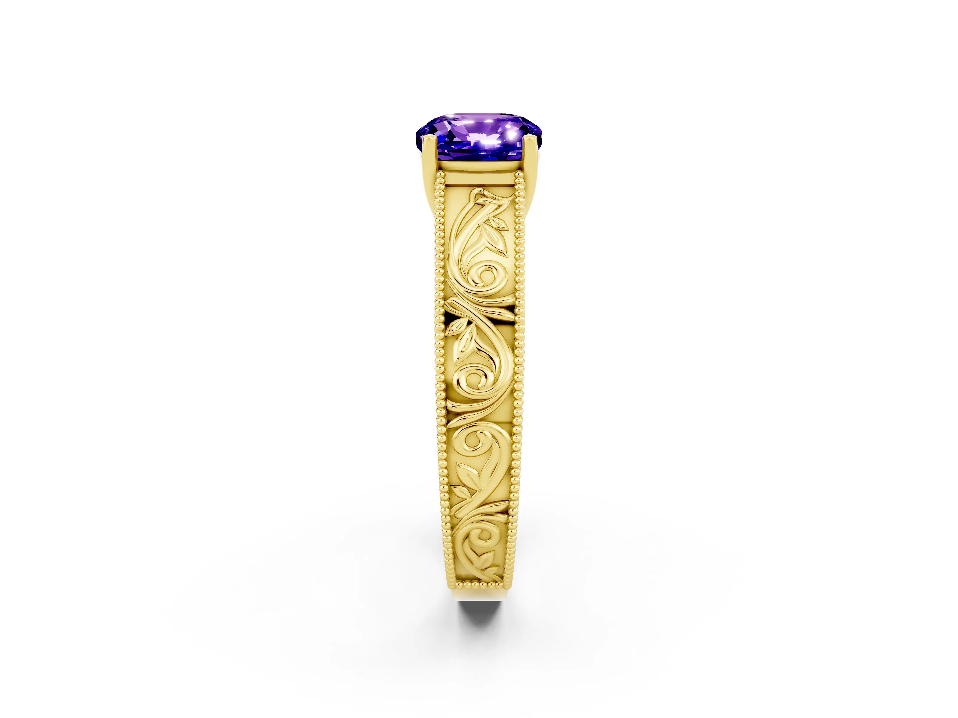 Yellow gold Cushion Cut Tanzanite Solitaire Ring with Engraved Band and Four-Prong Setting_2