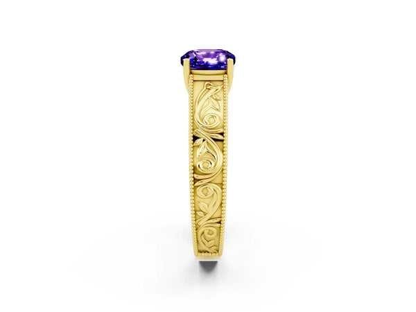 Yellow gold Cushion Cut Tanzanite Solitaire Ring with Engraved Band and Four-Prong Setting