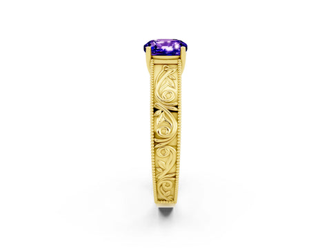 Yellow gold Cushion Cut Tanzanite Solitaire Ring with Engraved Band and Four-Prong Setting_2