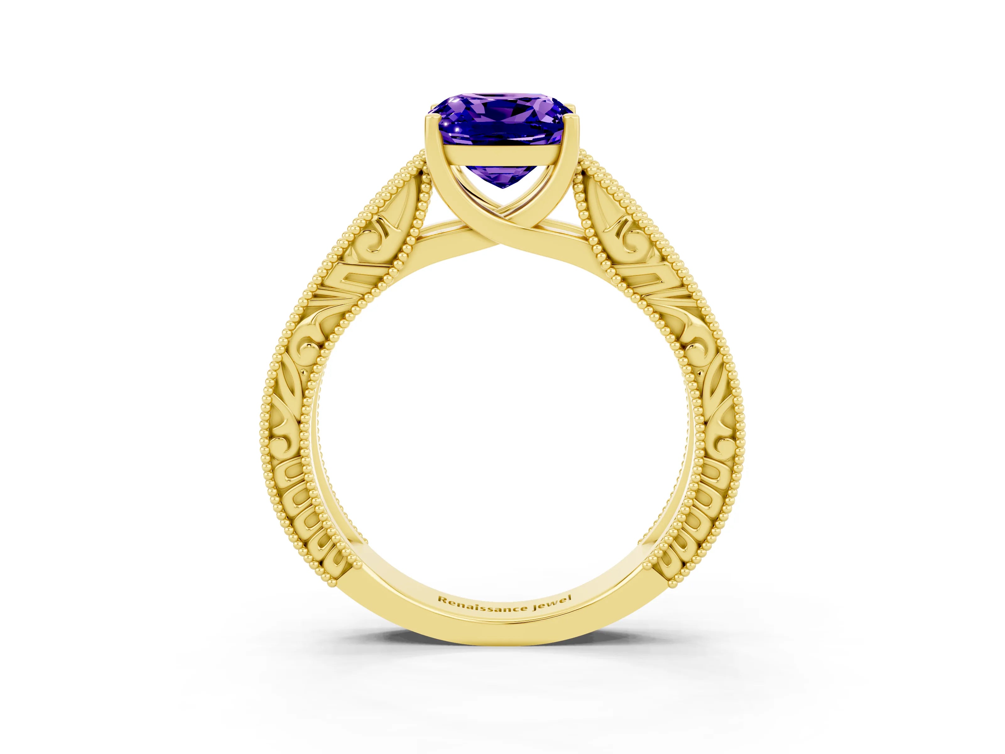 Yellow gold Cushion Cut Tanzanite Solitaire Ring with Engraved Band and Four-Prong Setting_3