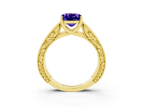 Yellow gold Cushion Cut Tanzanite Solitaire Ring with Engraved Band and Four-Prong Setting_3