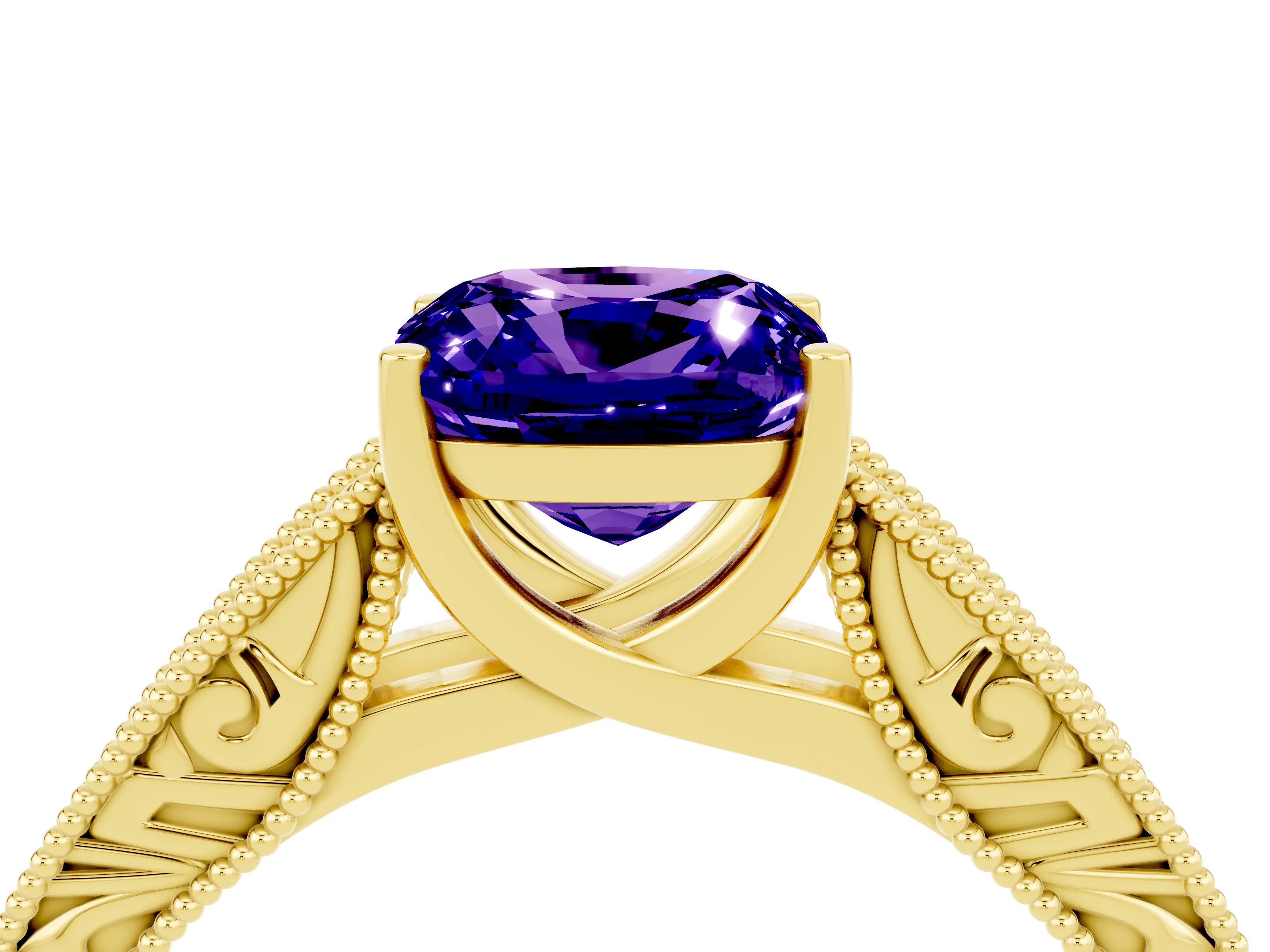 Yellow gold Cushion Cut Tanzanite Solitaire Ring with Engraved Band and Four-Prong Setting_4