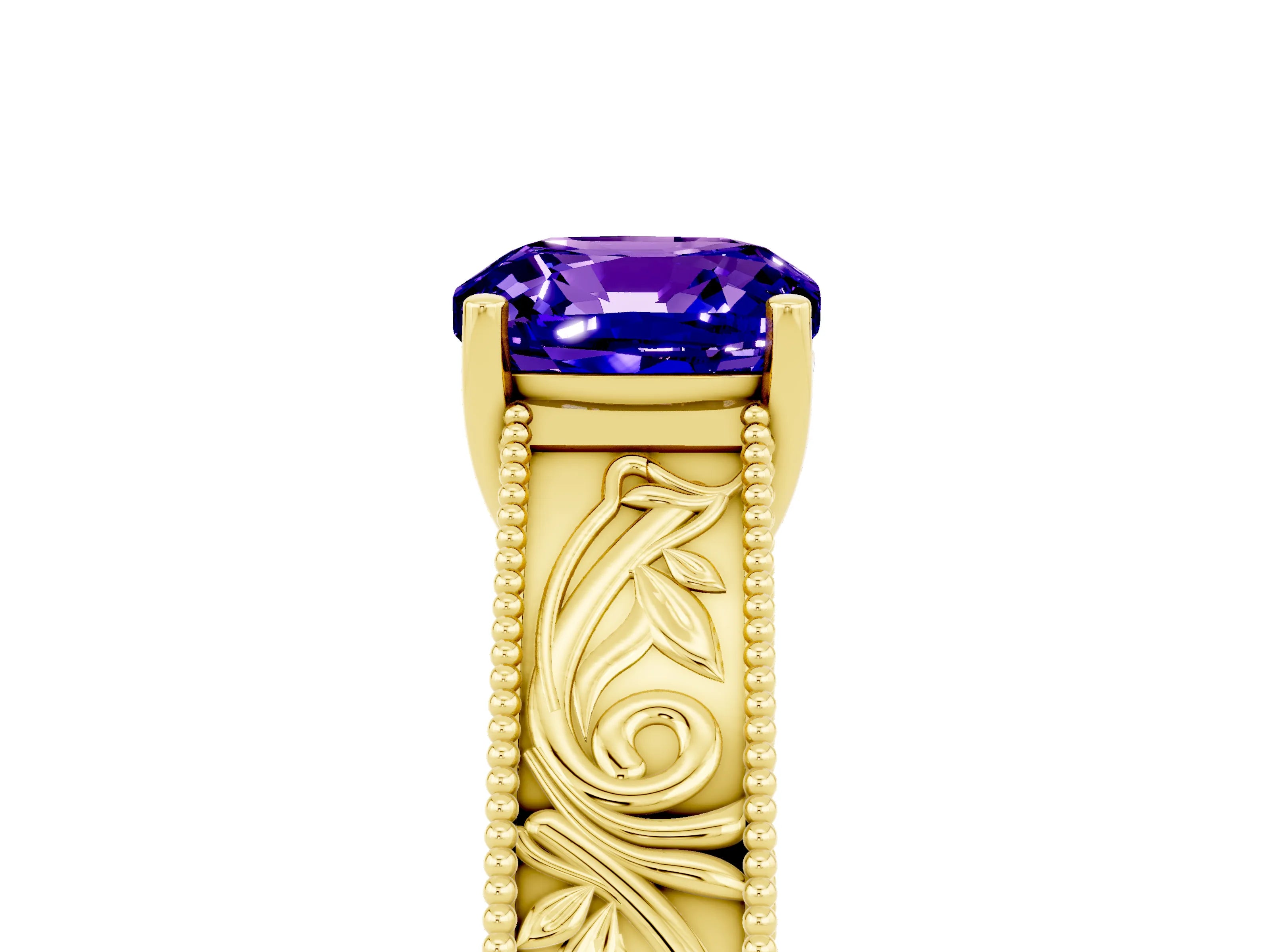 Yellow gold Cushion Cut Tanzanite Solitaire Ring with Engraved Band and Four-Prong Setting_5