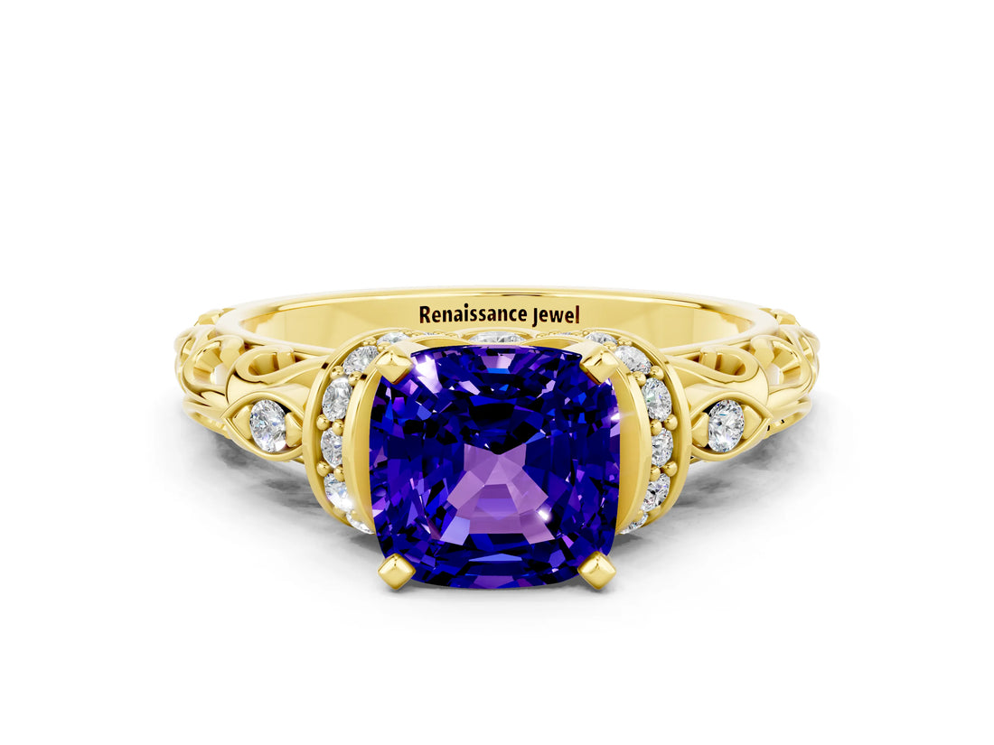 Yellow gold Cushion Cut Tanzanite Solitaire Ring with Filigree Band and Four-Prong Setting_24