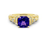 Yellow gold Cushion Cut Tanzanite Solitaire Ring with Filigree Band and Four-Prong Setting_24