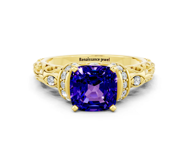 Yellow gold Cushion Cut Tanzanite Solitaire Ring with Filigree Band and Four-Prong Setting