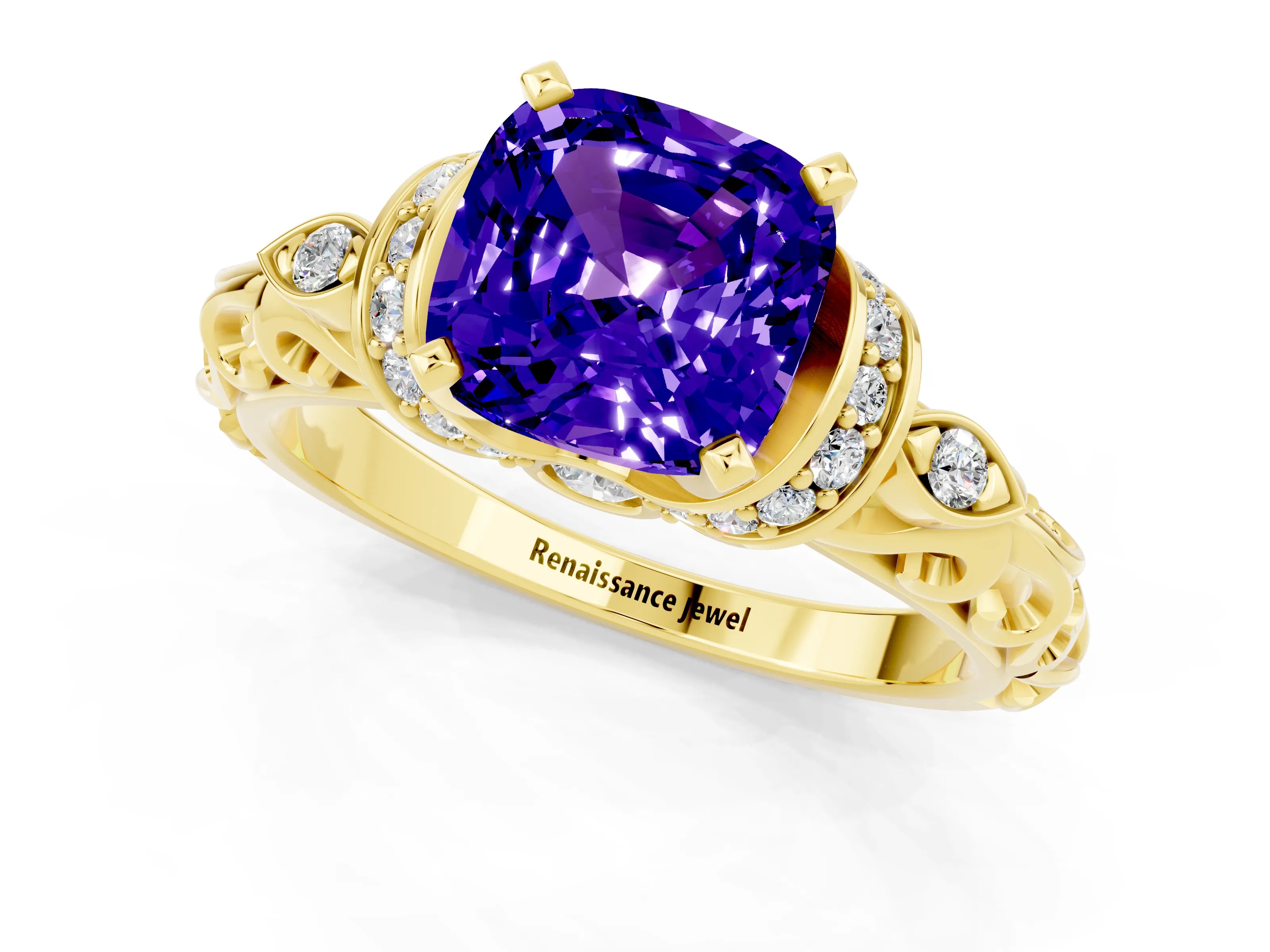 Yellow gold Cushion Cut Tanzanite Solitaire Ring with Filigree Band and Four-Prong Setting_25