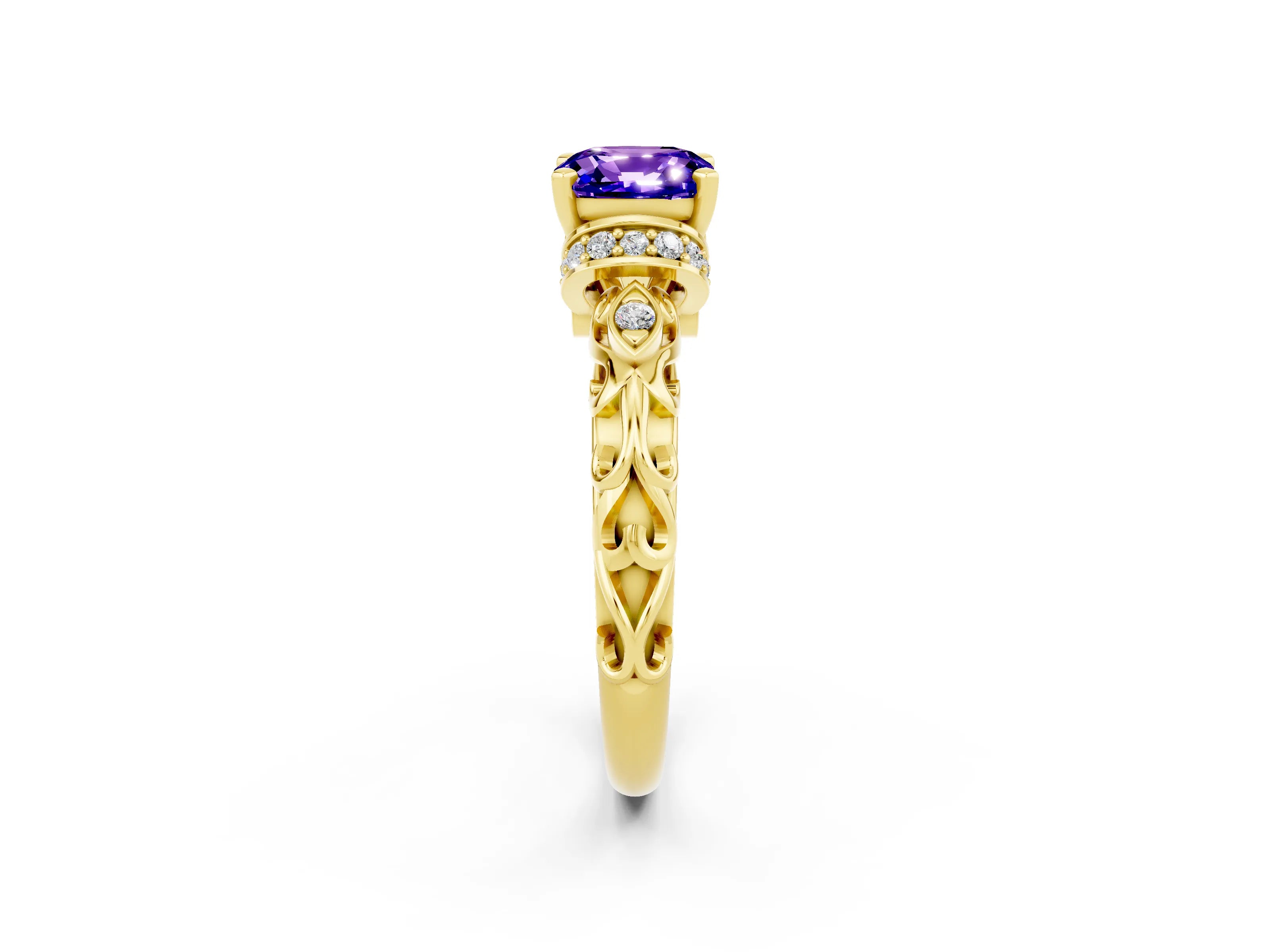 Yellow gold Cushion Cut Tanzanite Solitaire Ring with Filigree Band and Four-Prong Setting_26