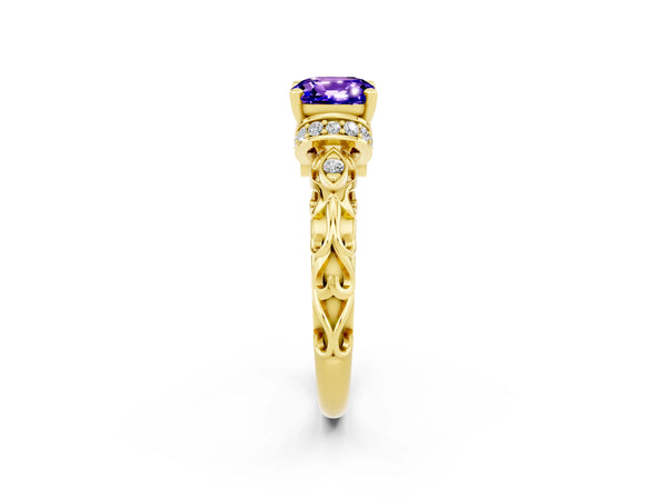Yellow gold Cushion Cut Tanzanite Solitaire Ring with Filigree Band and Four-Prong Setting