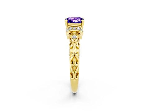 Yellow gold Cushion Cut Tanzanite Solitaire Ring with Filigree Band and Four-Prong Setting_26