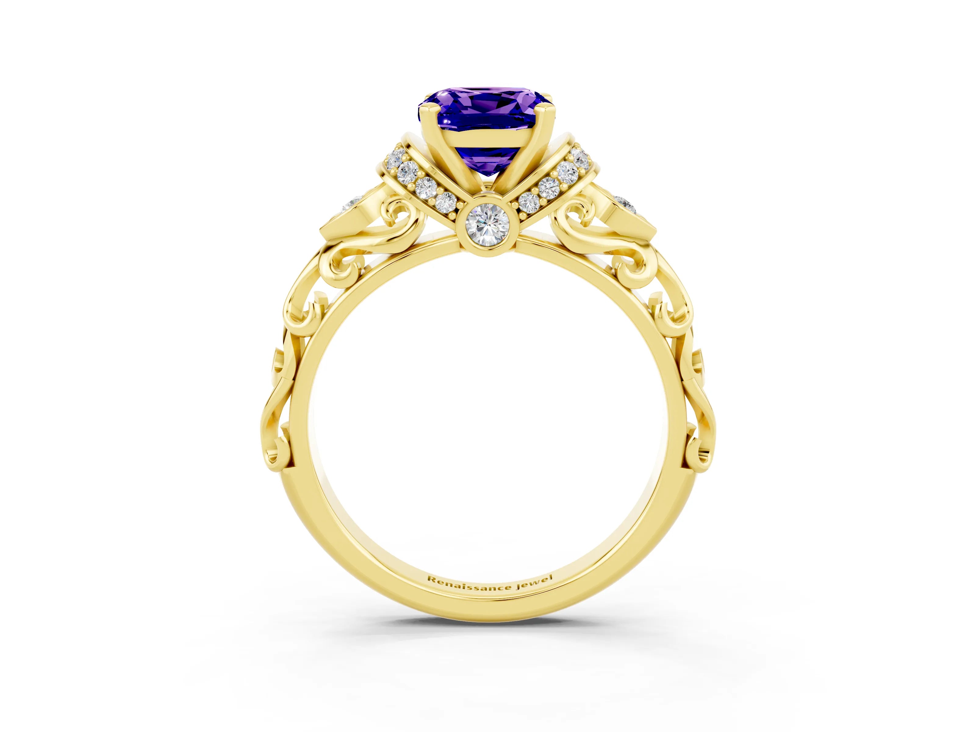Yellow gold Cushion Cut Tanzanite Solitaire Ring with Filigree Band and Four-Prong Setting_27