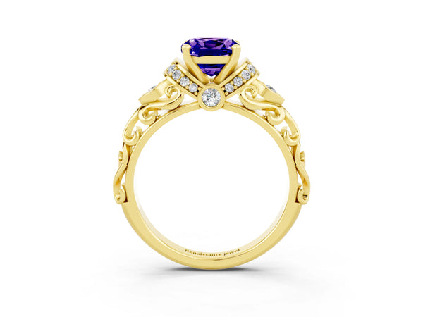 Yellow gold Cushion Cut Tanzanite Solitaire Ring with Filigree Band and Four-Prong Setting
