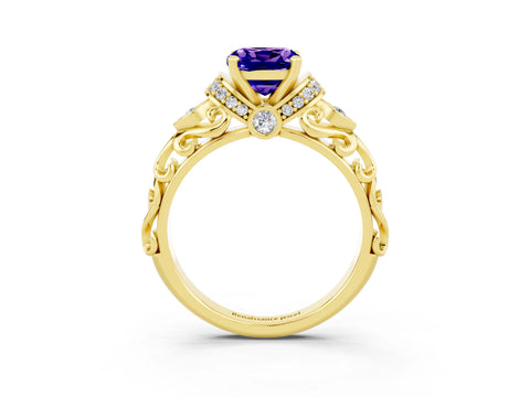 Yellow gold Cushion Cut Tanzanite Solitaire Ring with Filigree Band and Four-Prong Setting_27