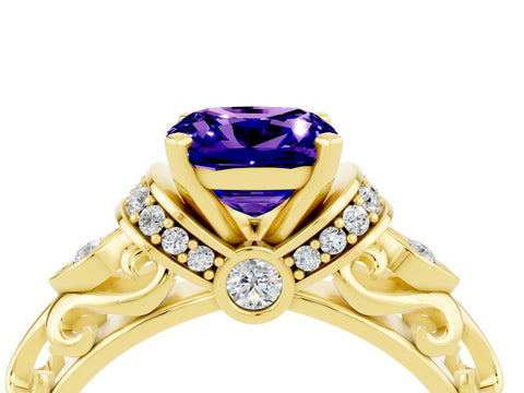 Yellow gold Cushion Cut Tanzanite Solitaire Ring with Filigree Band and Four-Prong Setting_28