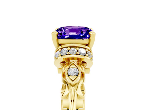 Yellow gold Cushion Cut Tanzanite Solitaire Ring with Filigree Band and Four-Prong Setting_29