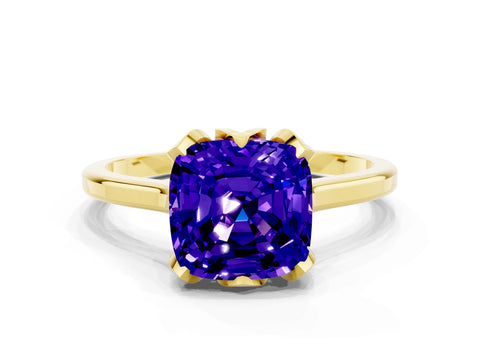 Yellow gold Cushion Cut Tanzanite Solitaire Ring with Flower Prong Setting and Classic Band_12