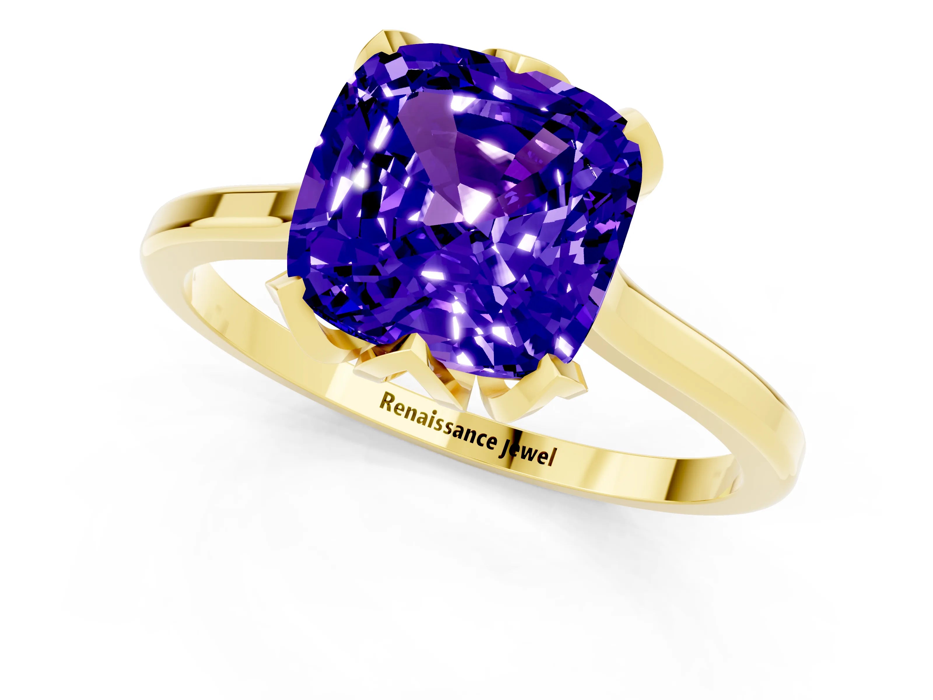 Yellow gold Cushion Cut Tanzanite Solitaire Ring with Flower Prong Setting and Classic Band_13