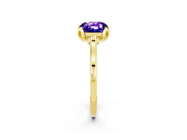 Yellow gold Cushion Cut Tanzanite Solitaire Ring with Flower Prong Setting and Classic Band