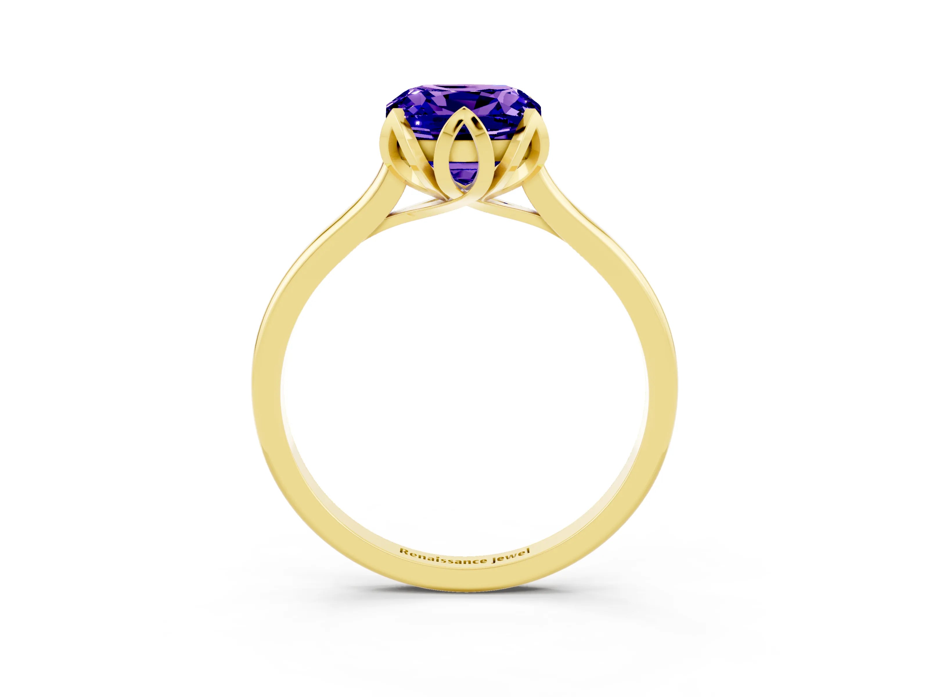 Yellow gold Cushion Cut Tanzanite Solitaire Ring with Flower Prong Setting and Classic Band_15