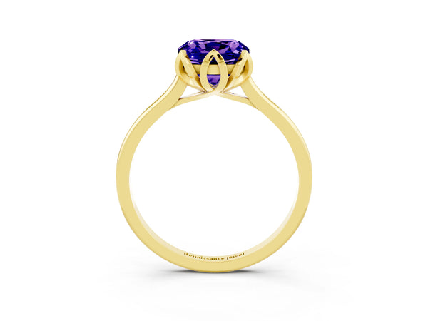 Yellow gold Cushion Cut Tanzanite Solitaire Ring with Flower Prong Setting and Classic Band