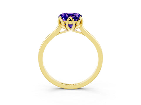 Yellow gold Cushion Cut Tanzanite Solitaire Ring with Flower Prong Setting and Classic Band_15