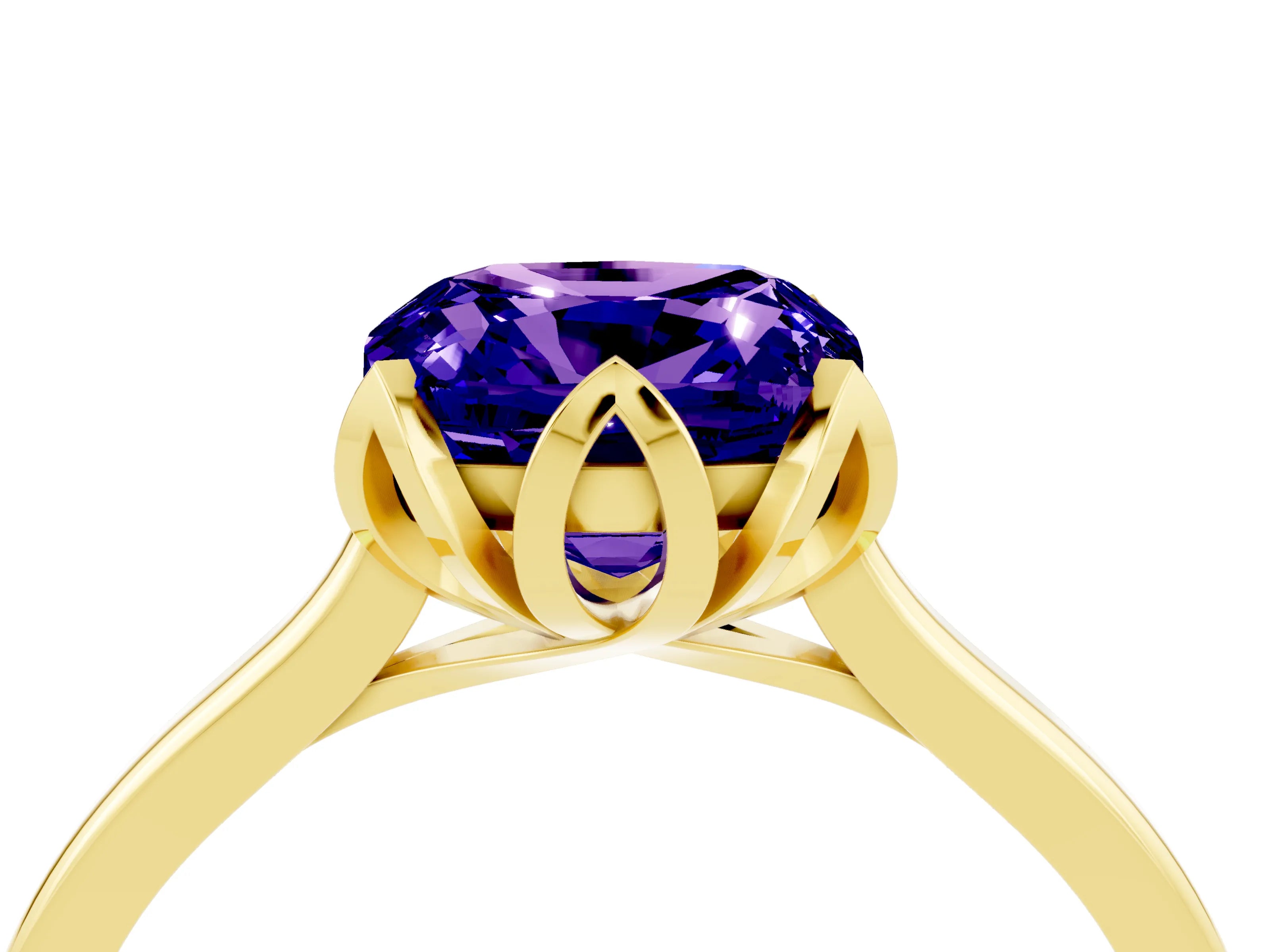 Yellow gold Cushion Cut Tanzanite Solitaire Ring with Flower Prong Setting and Classic Band_16