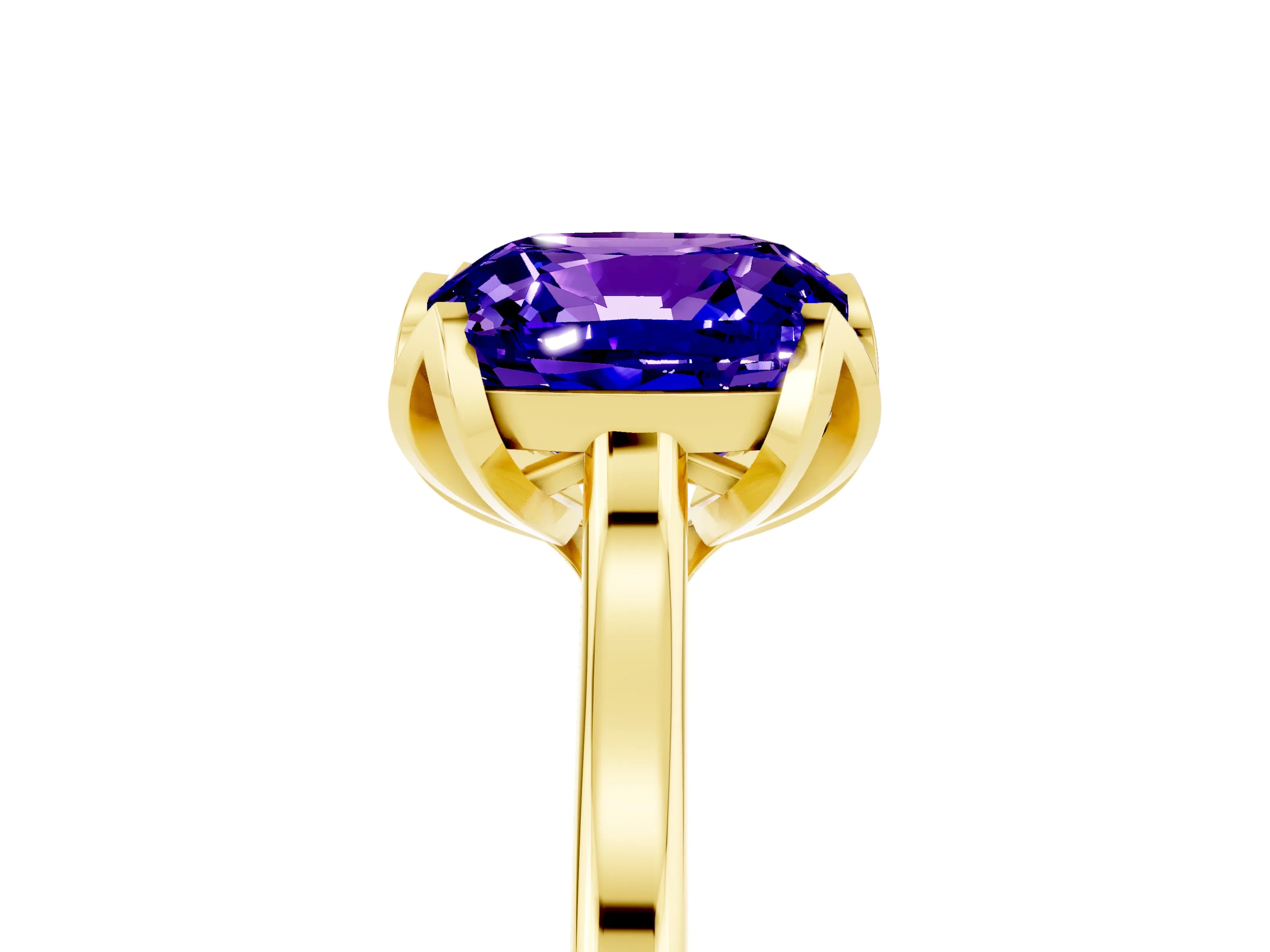 Yellow gold Cushion Cut Tanzanite Solitaire Ring with Flower Prong Setting and Classic Band_17