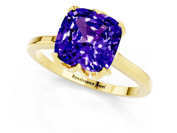 Yellow gold Cushion Cut Tanzanite Solitaire Ring with Flower Prong Setting and Classic Band