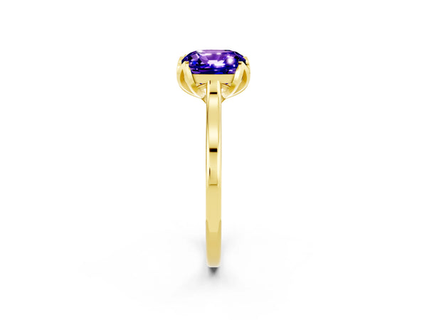 Yellow gold Cushion Cut Tanzanite Solitaire Ring with Flower Prong Setting and Classic Band