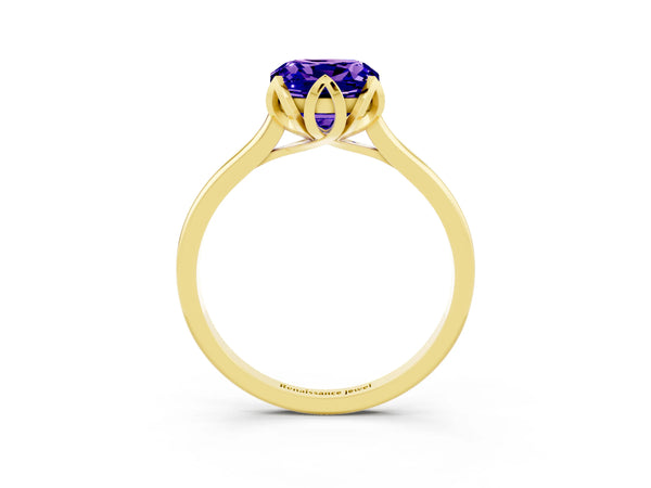 Yellow gold Cushion Cut Tanzanite Solitaire Ring with Flower Prong Setting and Classic Band
