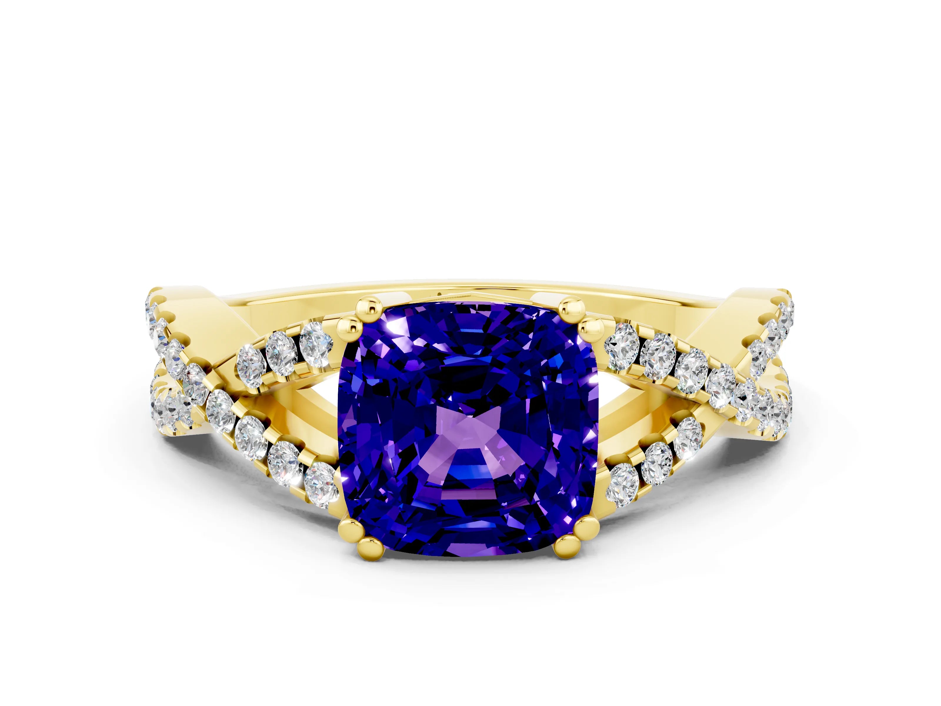 Yellow gold Cushion Cut Tanzanite Solitaire Ring with Four-Prong Setting and Twisted Pavé Band