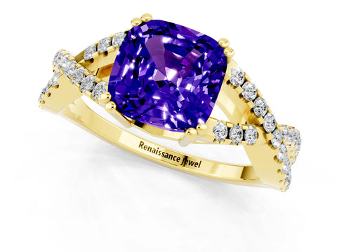 Yellow gold Cushion Cut Tanzanite Solitaire Ring with Four-Prong Setting and Twisted Pavé Band_1