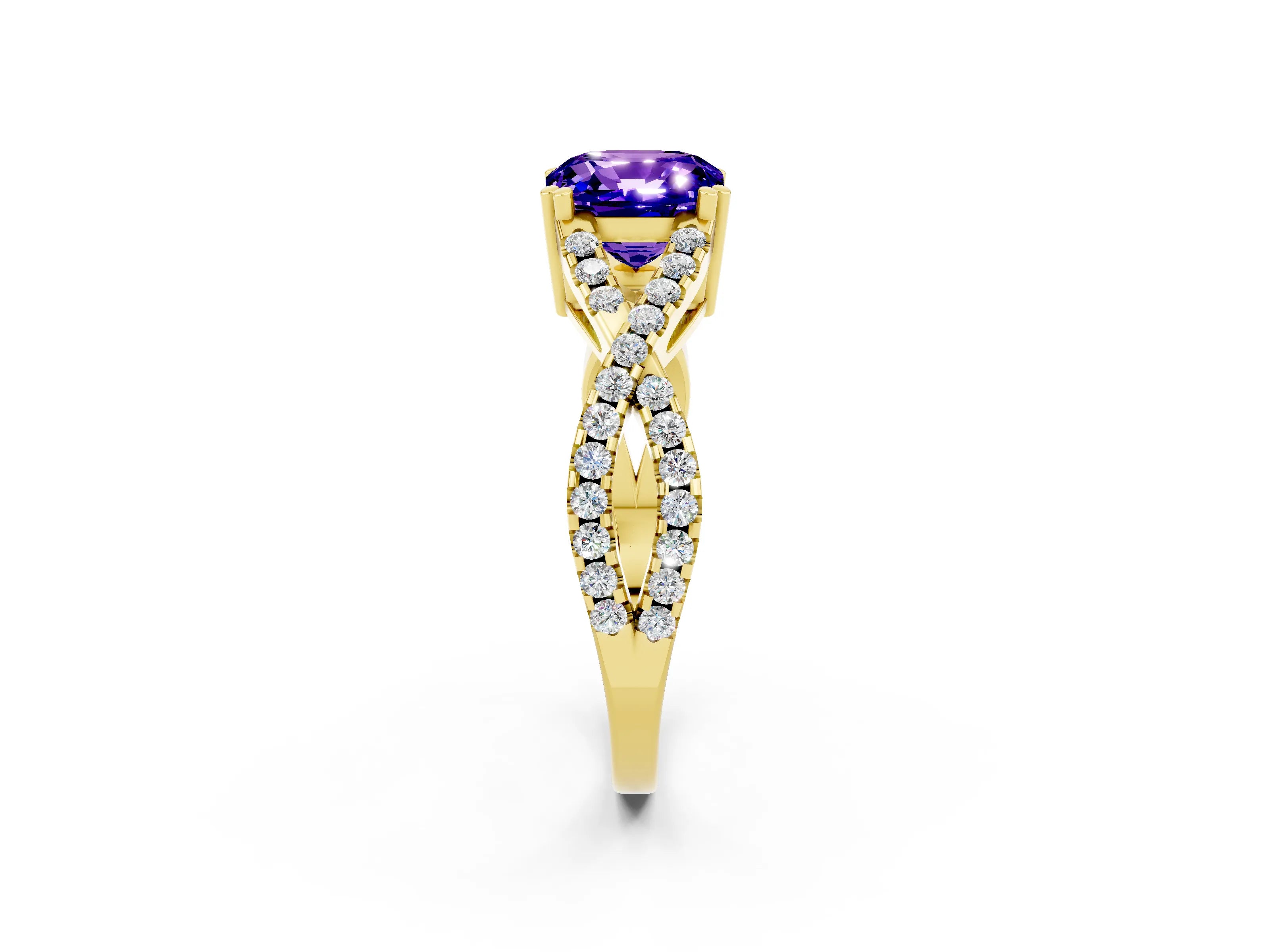 Yellow gold Cushion Cut Tanzanite Solitaire Ring with Four-Prong Setting and Twisted Pavé Band_2