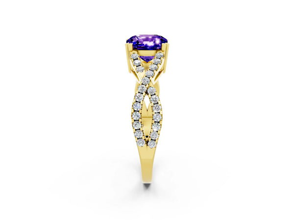 Yellow gold Cushion Cut Tanzanite Solitaire Ring with Four-Prong Setting and Twisted Pavé Band