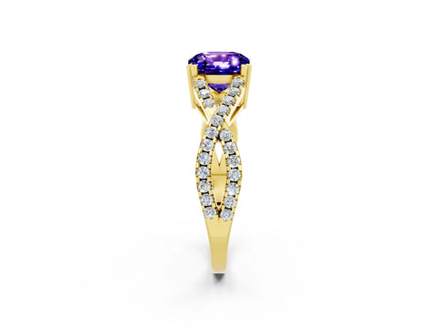 Yellow gold Cushion Cut Tanzanite Solitaire Ring with Four-Prong Setting and Twisted Pavé Band_2