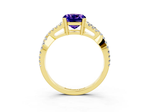 Yellow gold Cushion Cut Tanzanite Solitaire Ring with Four-Prong Setting and Twisted Pavé Band_3