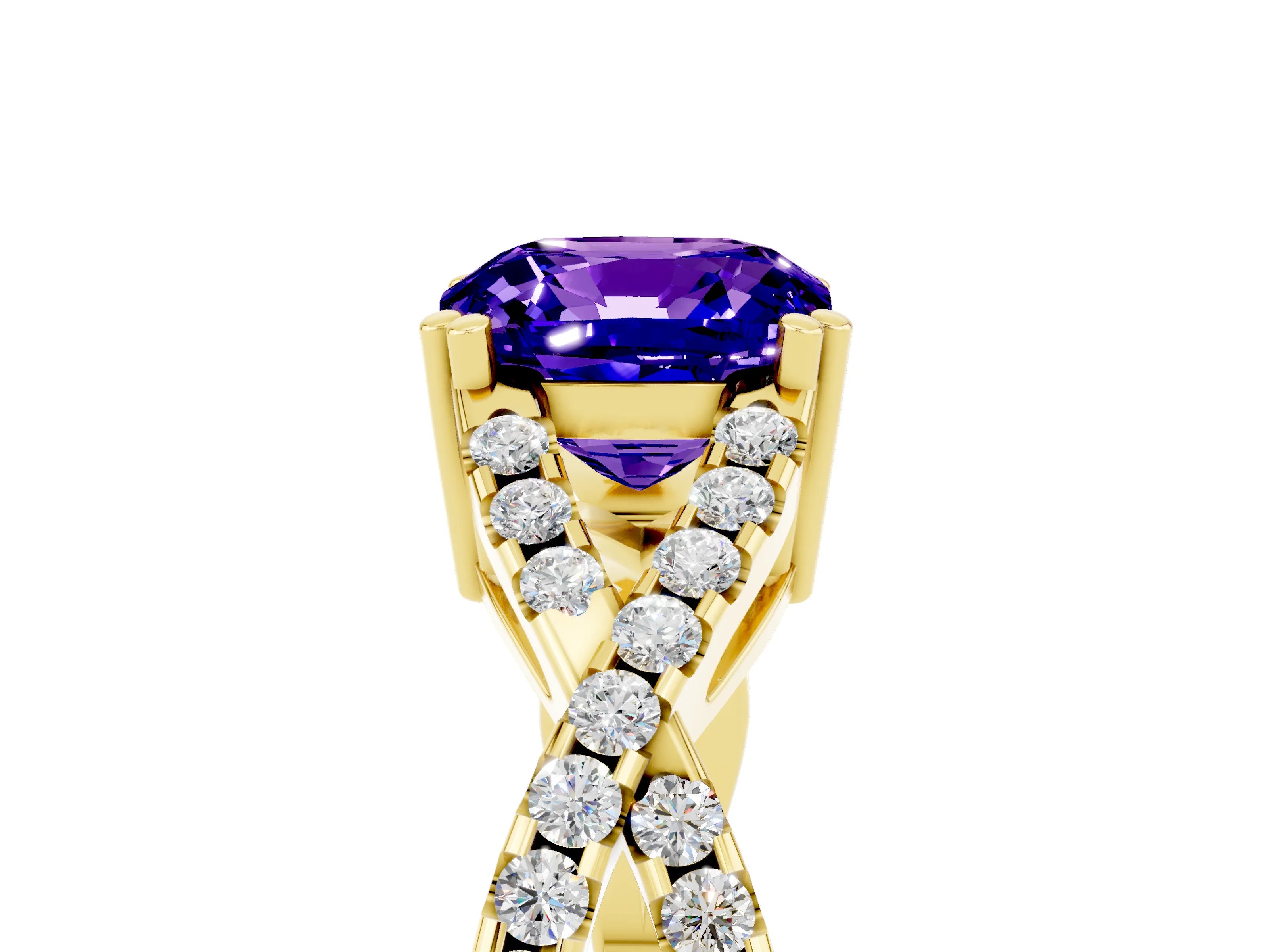 Yellow gold Cushion Cut Tanzanite Solitaire Ring with Four-Prong Setting and Twisted Pavé Band_5