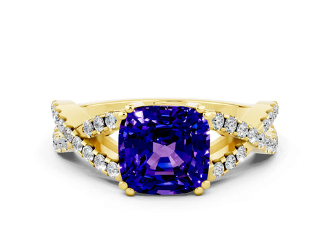 Yellow gold Cushion Cut Tanzanite Solitaire Ring with Four-Prong Setting and Twisted Pavé Band